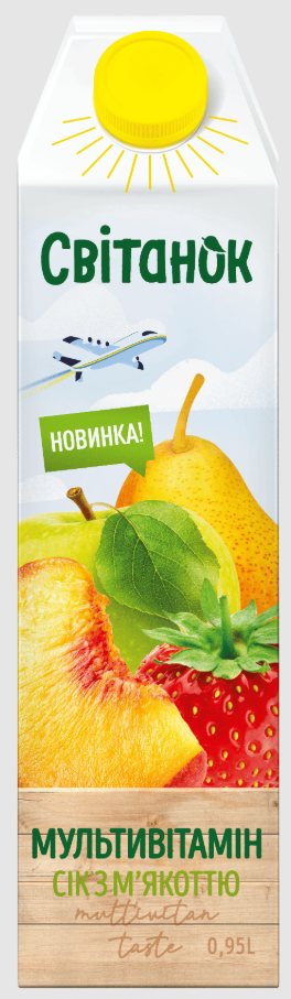 Сік мультивітамінний з м’якоттю гомогенізований стерилізований Світанок картонна пляшка 0,95 л